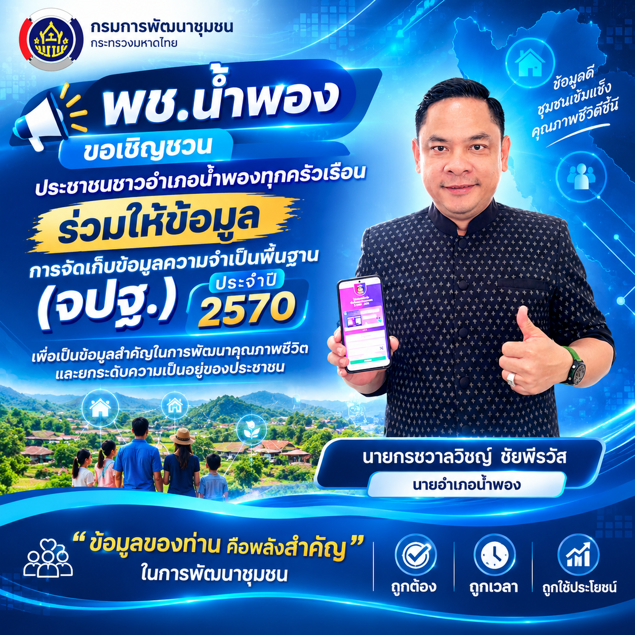 พช.น้ำพอง : เชิญชวนประชาชนฯร่วมให้ข้อมูล จปฐ. ประจำปี 2570